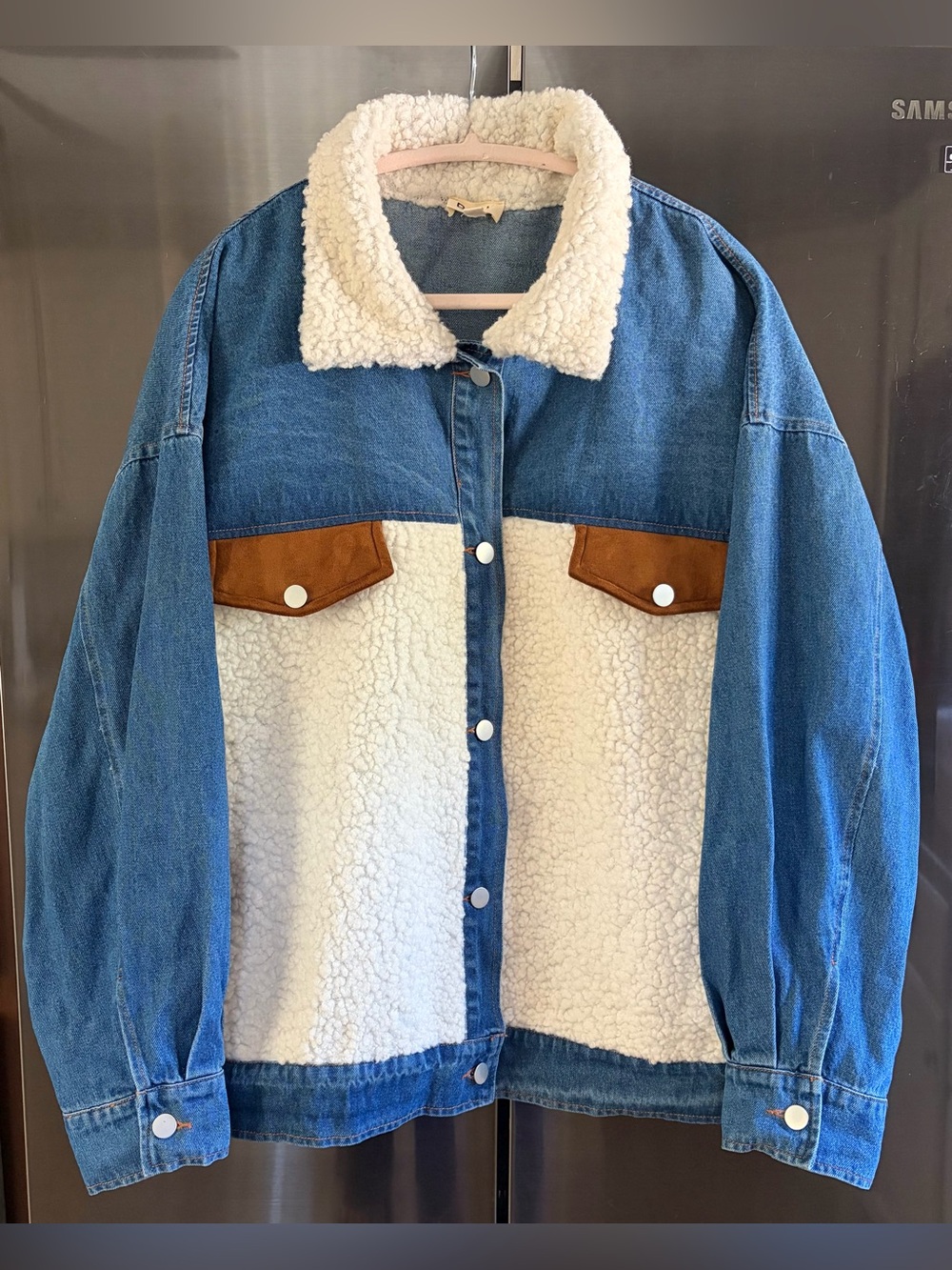 Bibi Oversized Mixed Media Denim/Sherpa Shacket XL/1X Western Campcore Cozy EUC